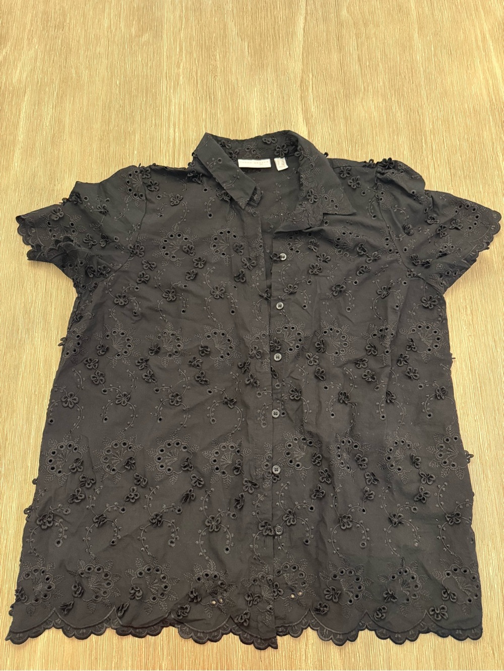 Susan Graver Black Floral Eyelet Short Sleeve Button Front Blouse